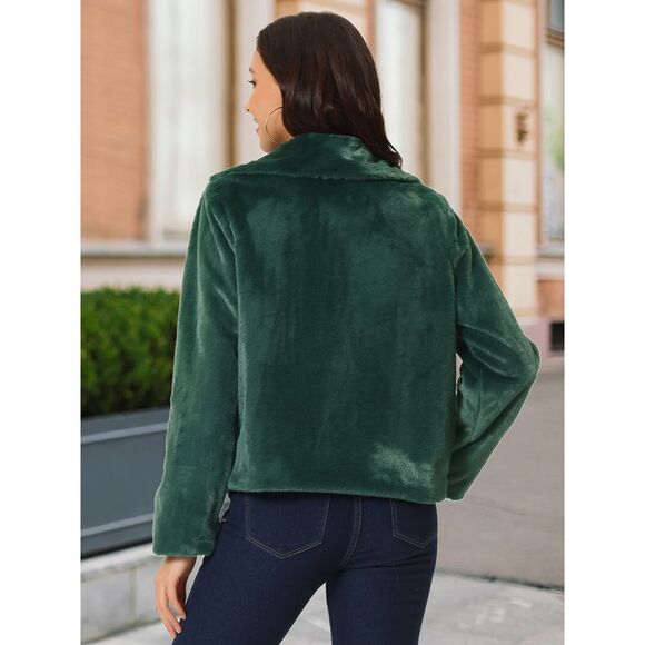Women's Winter Cropped Jacket Notch Lapel Faux Fur Fluffy Coat Dark Green - Picture 5 of 5